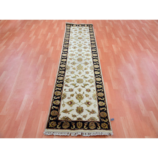 Rajasthan Wool & Silk Hand Knotted Rug Ivory Black 2.5X10.1 -O075394