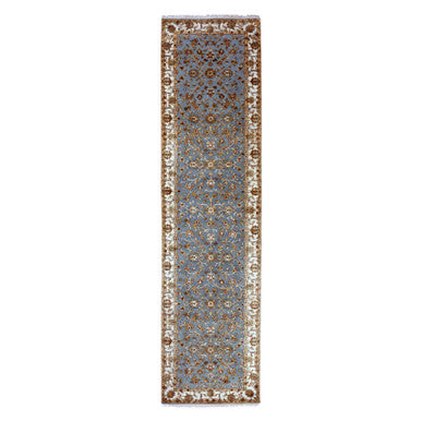 Rajasthan Wool & Silk Hand Knotted Rug Blue Ivory 3.0X12.2 -O075396