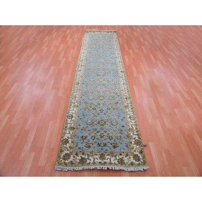 Rajasthan Wool & Silk Hand Knotted Rug Blue Ivory 3.0X12.2 -O075396