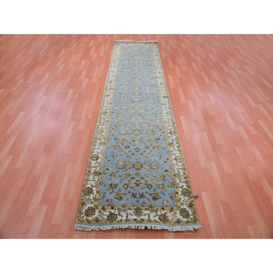 Rajasthan Wool & Silk Hand Knotted Rug Blue Ivory 3.0X12.2 -O075396