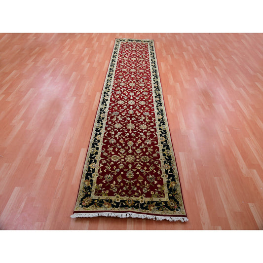 Rajasthan Wool & Silk Hand Knotted Rug Red Black 2.10X12.3 -O075397