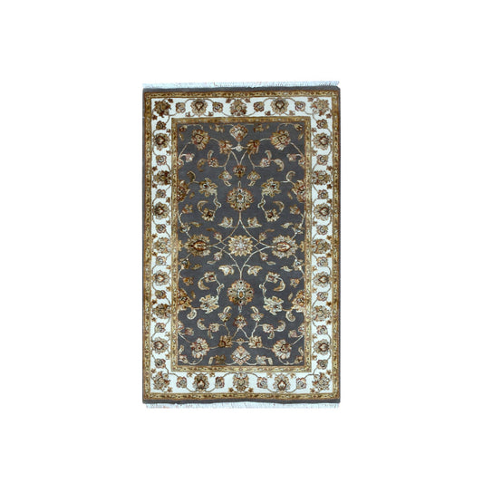 Rajasthan Wool & Silk Hand Knotted Rug Grey Ivory 3.0X5.2 -O075403