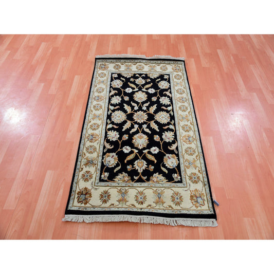 Rajasthan Wool & Silk Hand Knotted Rug Black Beige 3.0X5.1 -O075405