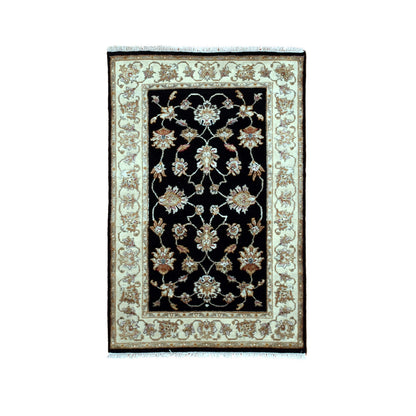 Rajasthan Wool & Silk Hand Knotted Rug Black Beige 3.0X4.9 -O075406