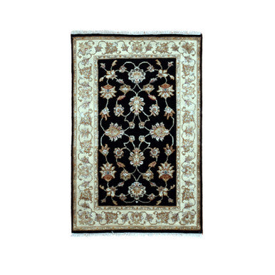 Rajasthan Wool & Silk Hand Knotted Rug Black Beige 3.0X4.9 -O075406