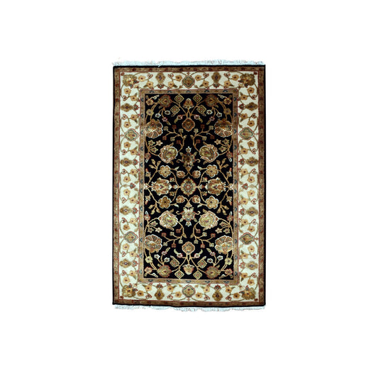 Rajasthan Wool & Silk Hand Knotted Rug Black Cream 3.0X5.2 -O075408
