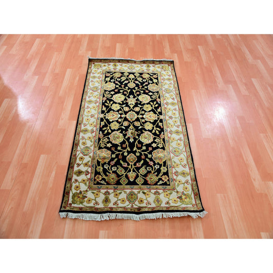 Rajasthan Wool & Silk Hand Knotted Rug Black Cream 3.0X5.2 -O075408