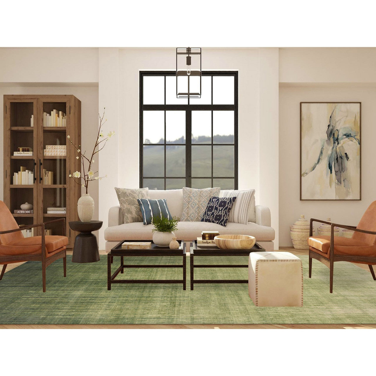 Modern and Contemporary Wool Hand Knotted Rug Green No Border 10.0X14.4 -O075418