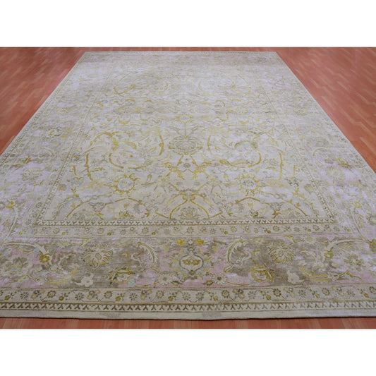 Oushak And Peshawar Wool & Silk Hand Knotted Rug Beige Pink 12.0X15.7 -O075430