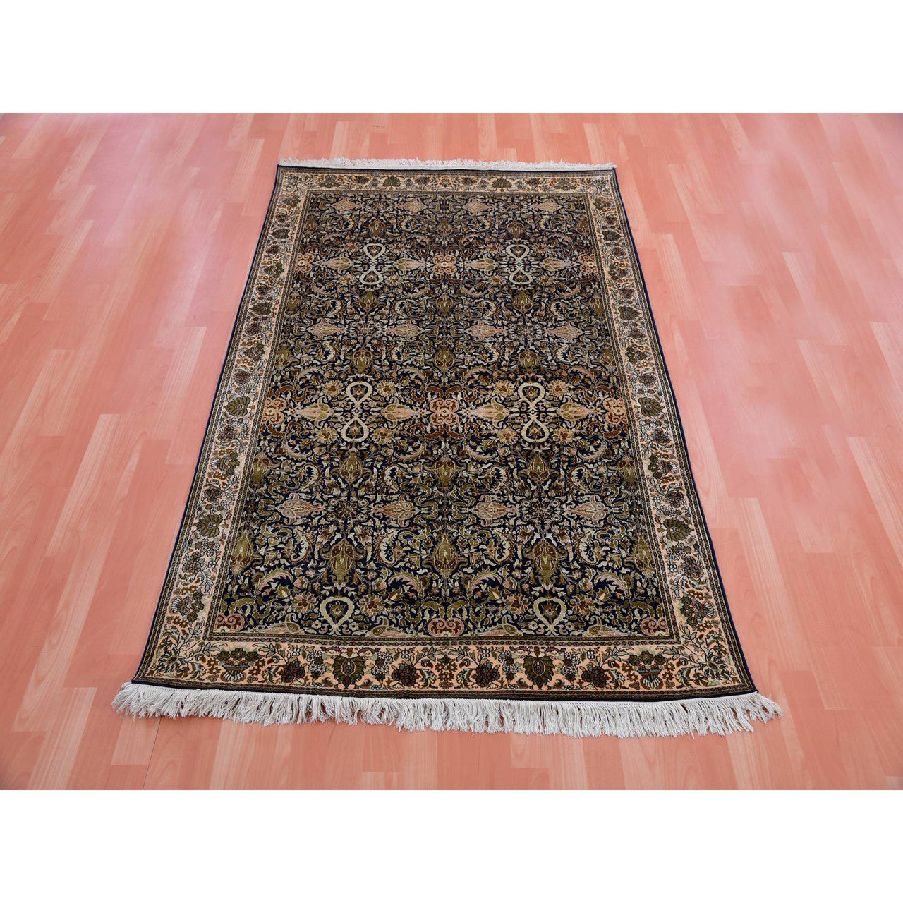 Fine Oriental Silk Hand Knotted Rug Blue No Border 4.1X6.0 -O075436
