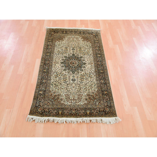 Fine Oriental Silk Hand Knotted Rug Ivory Blue 2.11X5.5 -O075438
