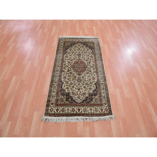 Fine Oriental Silk Hand Knotted Rug Ivory Blue 2.11X5.0 -O075439