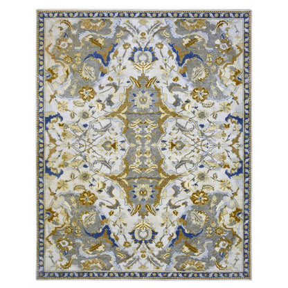 Transitional Wool Hand Knotted Rug Ivory Denim Blue 8.1X10.2 -O075472
