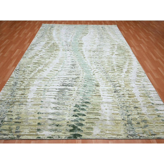 Modern and Contemporary Silk Hand Knotted Rug Green No Border 9.1X12.3 -O075475