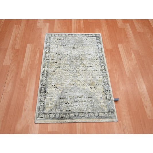 Oushak And Peshawar Wool & Silk Hand Knotted Rug Ivory Gray 2.1X3.0 -O075483