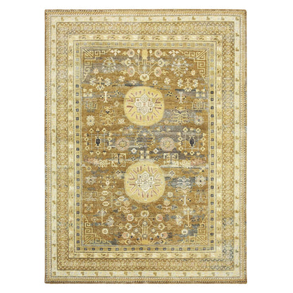 Khotan and Samarkand Wool & Silk Hand Knotted Rug Brown Ivory 9.0X12.5 -O075492