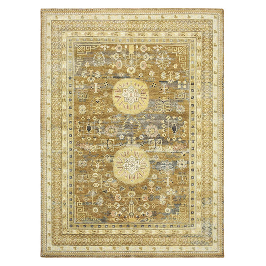 Khotan and Samarkand Wool & Silk Hand Knotted Rug Brown Ivory 9.0X12.5 -O075492