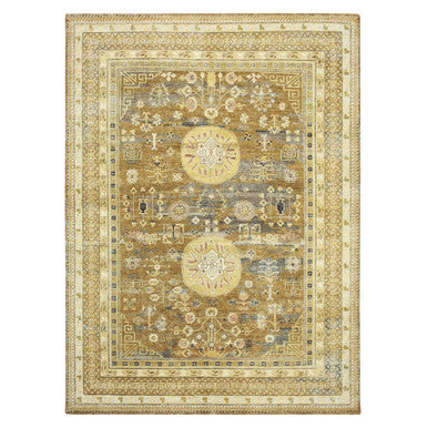 Khotan and Samarkand Wool & Silk Hand Knotted Rug Brown Ivory 9.0X12.5 -O075492