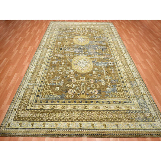 Khotan and Samarkand Wool & Silk Hand Knotted Rug Brown Ivory 9.0X12.5 -O075492