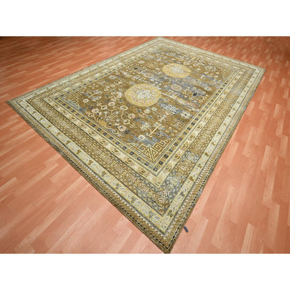 Khotan and Samarkand Wool & Silk Hand Knotted Rug Brown Ivory 9.0X12.5 -O075492