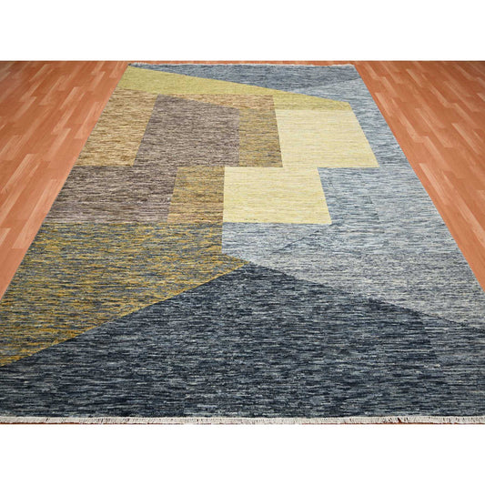 Modern and Contemporary Wool Hand Knotted Rug Yellow No Border 8.0X10.0 -O075503