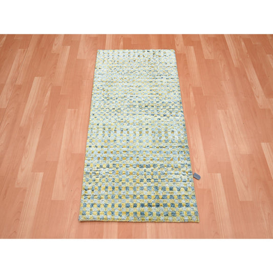 Modern and Contemporary Wool & Pure Silk Hand Knotted Rug Yellow No Border 2.0X4.0 -O075510
