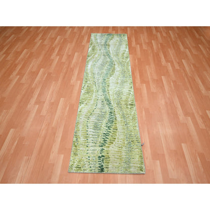 Modern and Contemporary Silk Hand Knotted Rug Green 2.5x8.3 -O075548