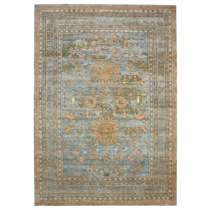 Khotan and Samarkand Wool & Silk Hand Knotted Rug Blue 9.11x14.2 -O075565