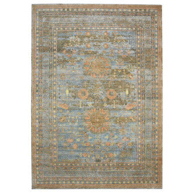 Khotan and Samarkand Wool & Silk Hand Knotted Rug Blue 9.11x14.2 -O075565