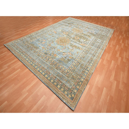 Khotan and Samarkand Wool & Silk Hand Knotted Rug Blue 9.11x14.2 -O075565