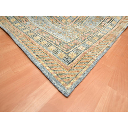 Khotan and Samarkand Wool & Silk Hand Knotted Rug Blue 9.11x14.2 -O075565