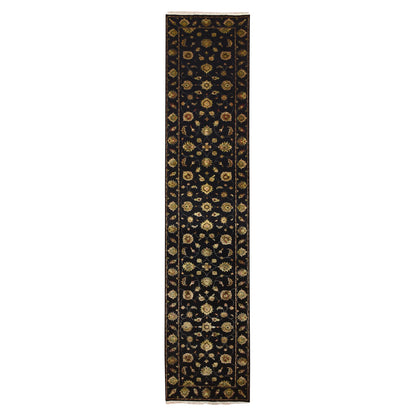 Rajasthan Wool & Silk Hand Knotted Rug Black 2.7x12.3 -O075611