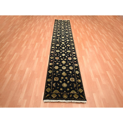 Rajasthan Wool & Silk Hand Knotted Rug Black 2.7x12.3 -O075611