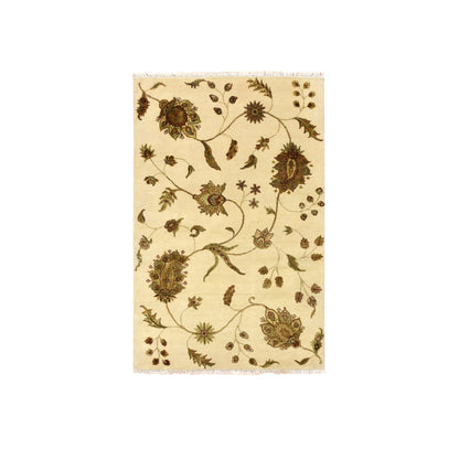 Rajasthan Wool & Silk Hand Knotted Rug Ivory 4.0x5.11 -O075631