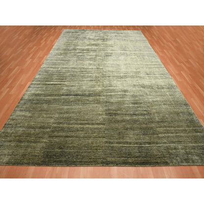 Modern and Contemporary Silk Hand Knotted Rug Green 9.10x13.11 -O075639