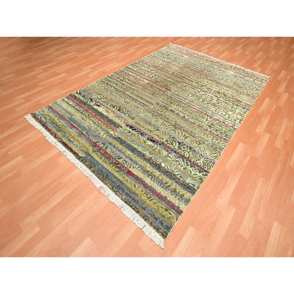 Modern and Contemporary Wool & Silk Hand Knotted Rug Green 6.1x9.1 -O075644