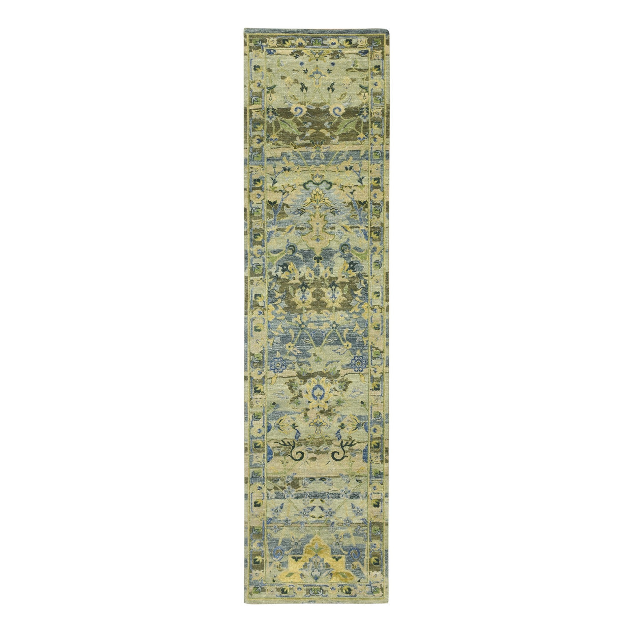 Transitional Wool Hand Knotted Rug Green 2.7x10.5 -O075688