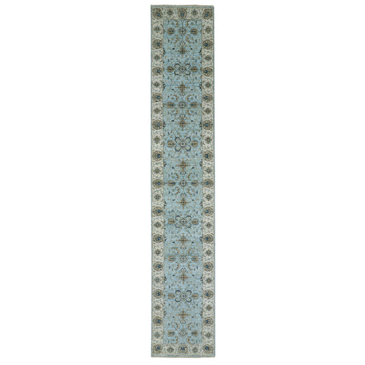Oushak And Peshawar Wool Hand Knotted Rug Blue Beige 2.6X14.0 -O076033