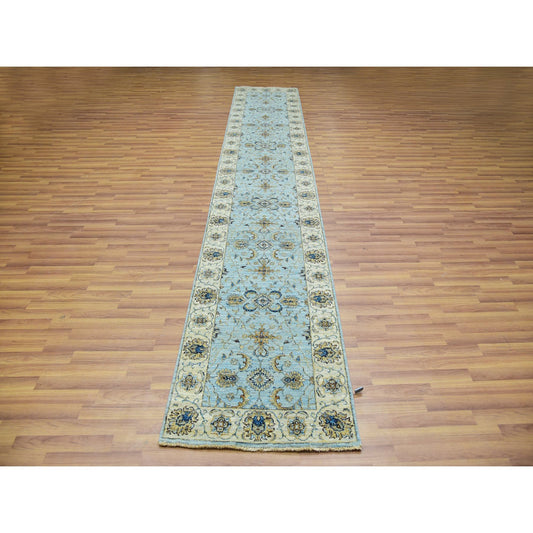 Oushak And Peshawar Wool Hand Knotted Rug Blue Beige 2.6X14.0 -O076033