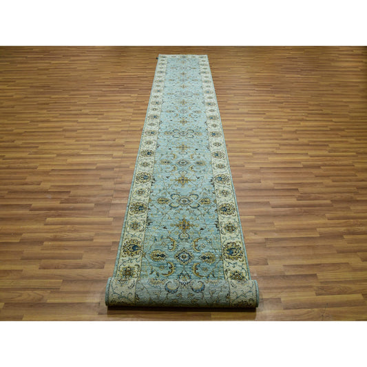 Oushak And Peshawar Wool Hand Knotted Rug Blue Beige 2.7X15.10 -O076034