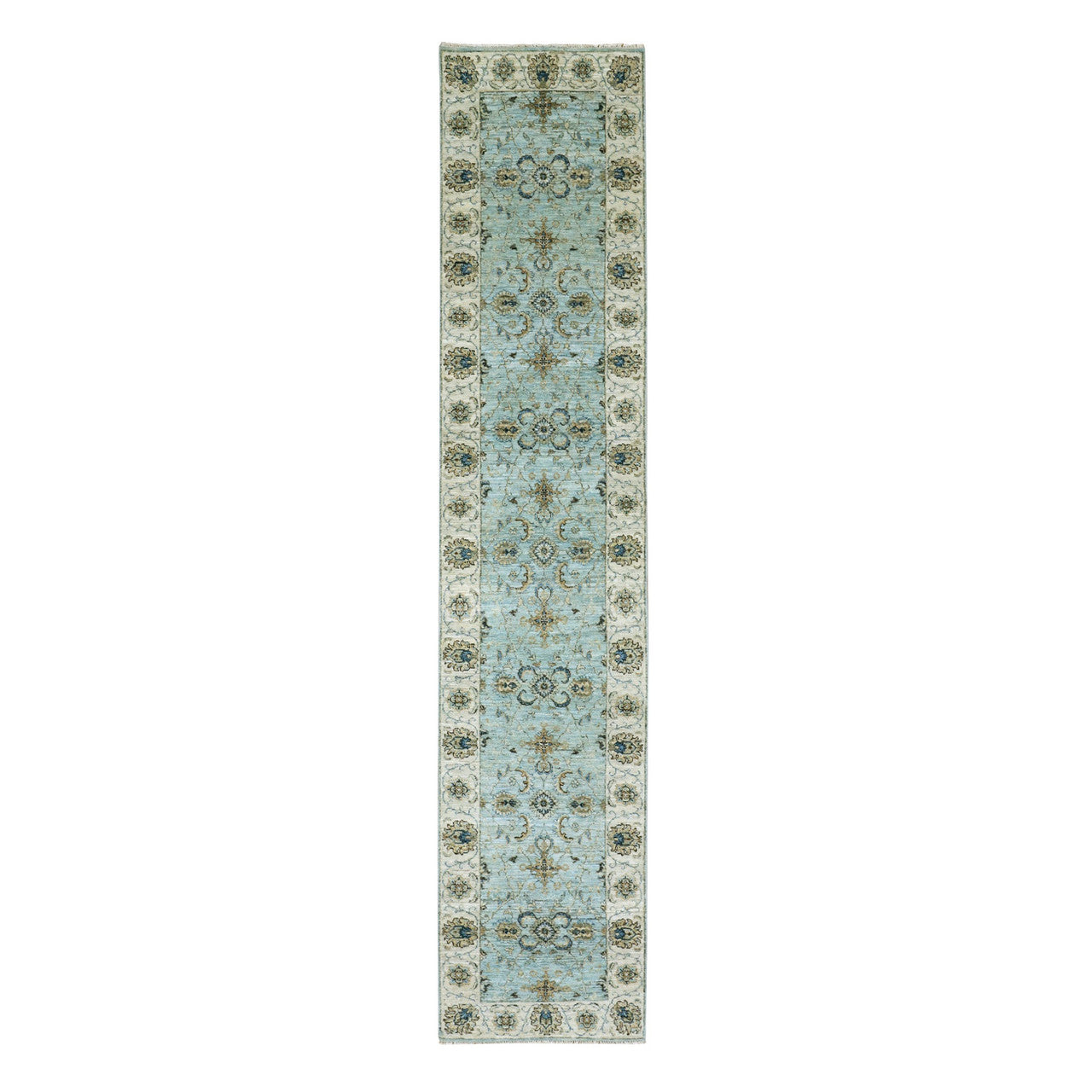 Blue 2'6" x 12'0" Oushak And Peshawar Hand knotted Wool Rug - Sku: O076035