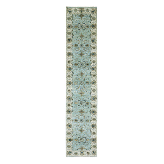 Oushak And Peshawar Wool Hand Knotted Rug Blue Beige 2.6X12.0 -O076035
