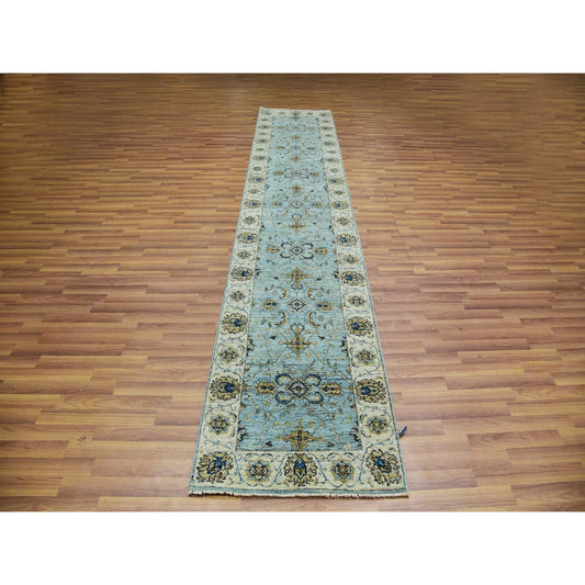 Oushak And Peshawar Wool Hand Knotted Rug Blue Beige 2.6X12.0 -O076035