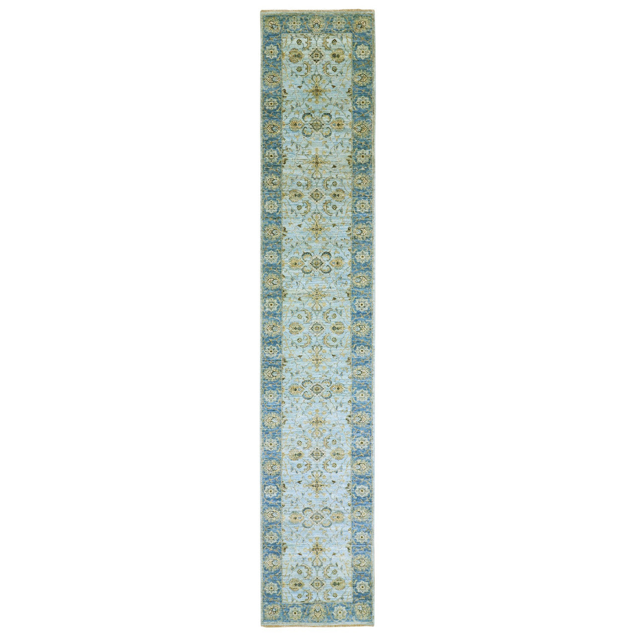 Blue 2'6" x 14'0" Oushak And Peshawar Hand knotted Wool Rug - Sku: O076050