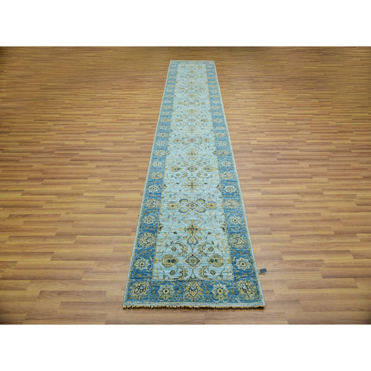 Oushak And Peshawar Wool Hand Knotted Rug Blue Blue 2.6X14.0 -O076050