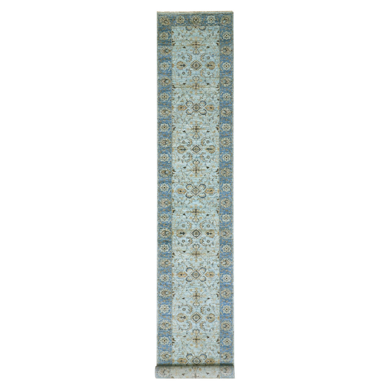 Blue 2'9" x 16'1" Oushak And Peshawar Hand knotted Wool Rug - Sku: O076051