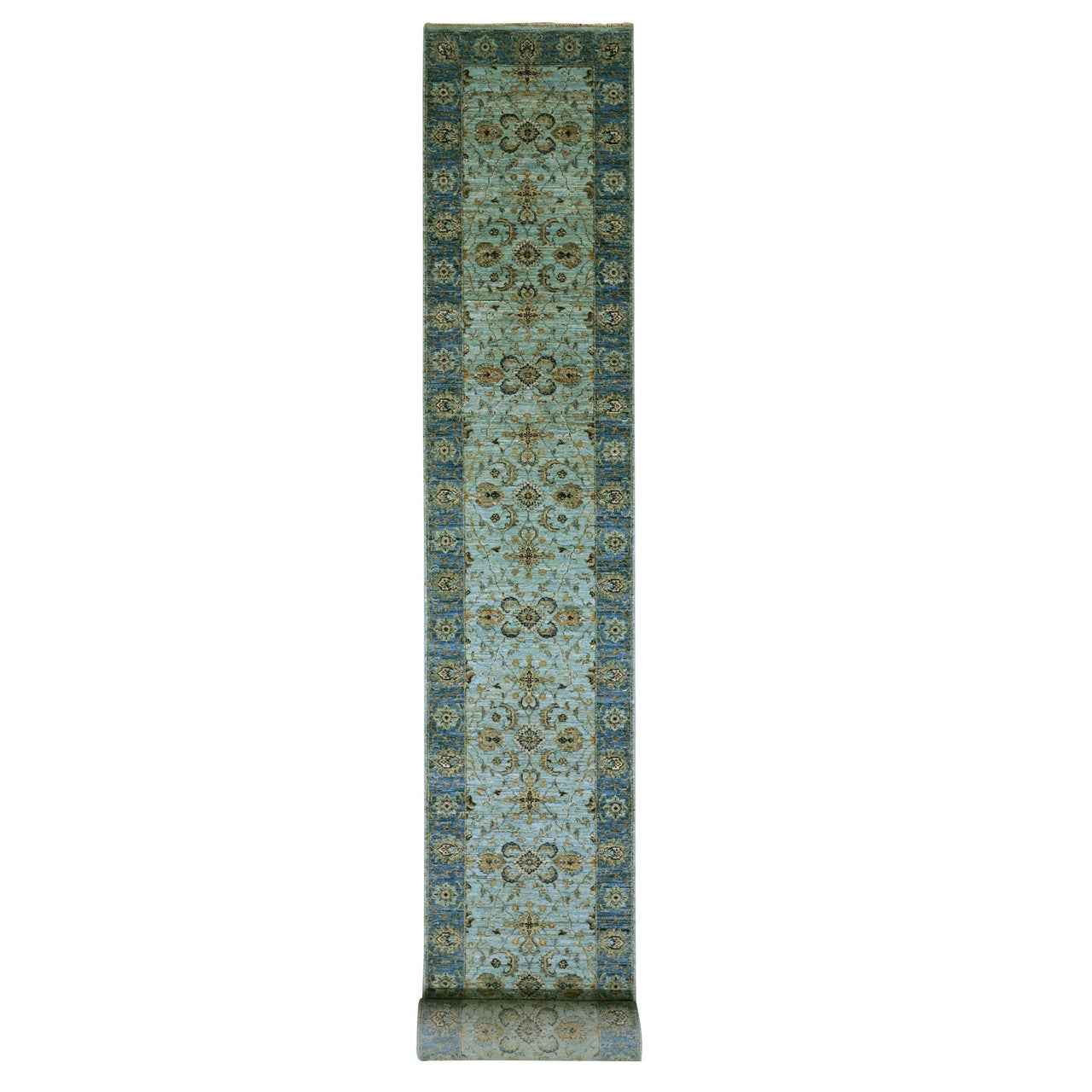 Blue 2'8" x 24'1" Oushak And Peshawar Hand knotted Wool Rug - Sku: O076053