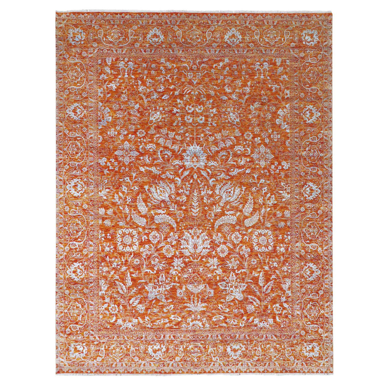 Transitional Wool & Silk Hand Knotted Rug Orange 8.0x10.4 -O076307