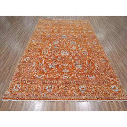 Transitional Wool & Silk Hand Knotted Rug Orange 8.0x10.4 -O076307