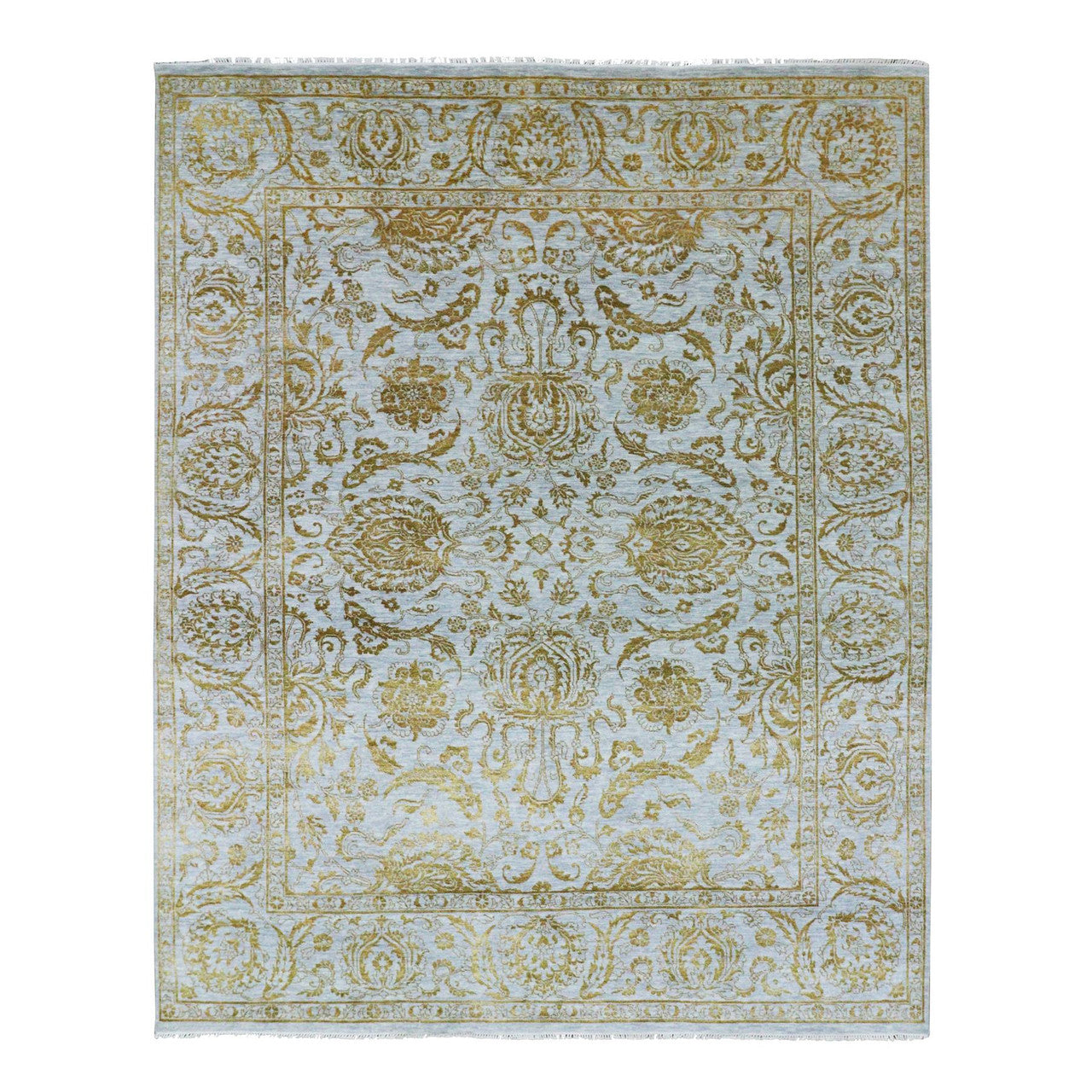 Transitional Wool & Silk Hand Knotted Rug Blue 8.0x9.11 -O076308